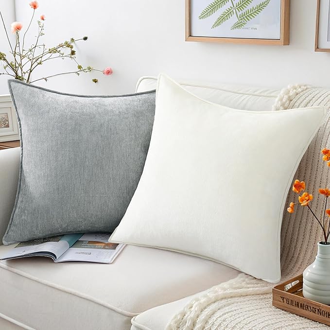 decorUhome Couch Throw Pillow Covers 16x16 Set of 2, Decorative Soft Euro Neutral Chenille Pillow Covers with Elegant Design for Sofa Bed Living Room Home Decor, Ultimate Gray