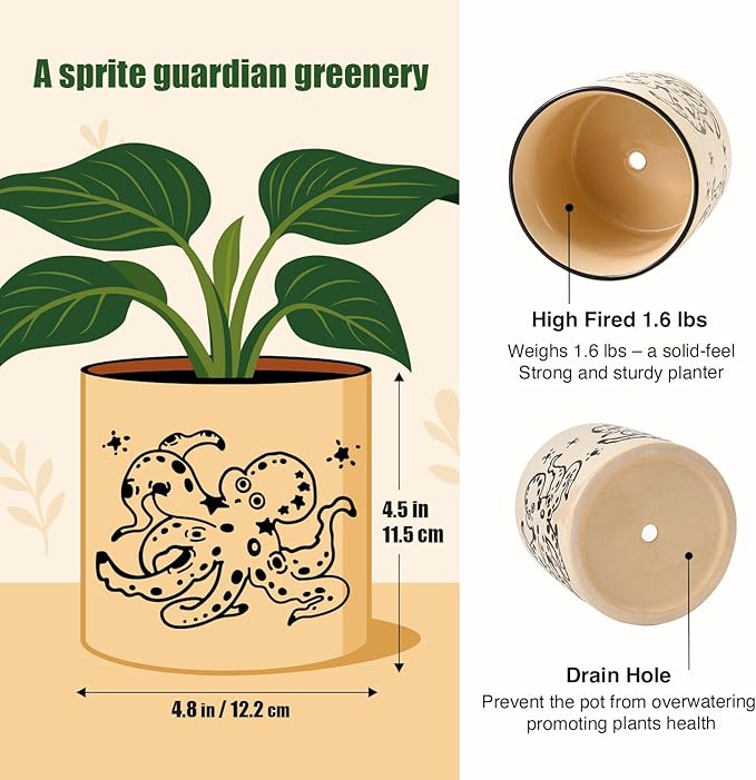 5 Inch Ceramic Plant Pots with Drainage Holes, Small Round Flower Pots for Indoor Plant, Unique Animal Flower Planters (Octopus)