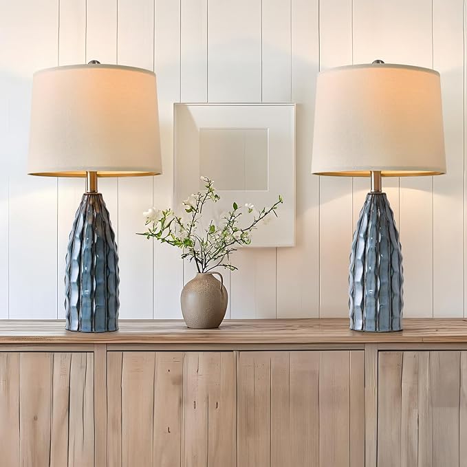 Ceramic Table Lamps Set of 2, 23.75" Modern Farmhouse Bedside Lamp - Blue Nightstand Lamps for Bedroom, Boho Living Room End Tables, Small Office Desk Lamp Decor