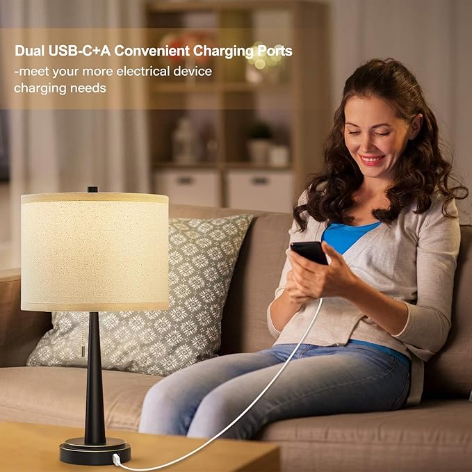 GyroVu Table Lamp Set of 2, Beside Lamps with USB-C+A Nightstand Lamp with Pull Chain Swtich Modern Led Table Lamp for Living Room, Bedroom & Office-9W Led Bulbs Included(Matte Black)