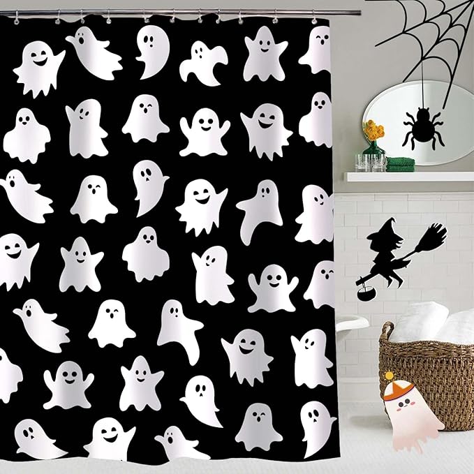 Metawu Halloween Shower Curtain Ghost Shower Curtains Sets Spooky Boo Bathroom Curtain for Kids Washable Waterproof Bathtubs Curtains 72"×72" with 12 Hooks Bathroom Decoration