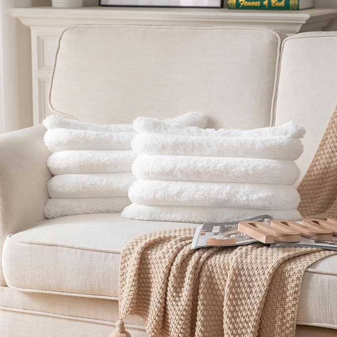 Faux Fur Plush Throw Pillow Covers 12x20 Inch Set of 2 - Luxury Decorative Fuzzy Striped Soft Cozy Pillowcase for Couch, Sofa, Living Room - Cream White