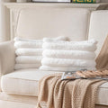 Faux Fur Plush Throw Pillow Covers 12x20 Inch Set of 2 - Luxury Decorative Fuzzy Striped Soft Cozy Pillowcase for Couch, Sofa, Living Room - Cream White