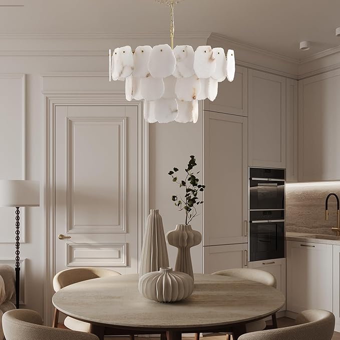 32″ Alabaster Chandelier, 16-Light Marble Round Chandelier, Modern Dining Room Chandeliers, 3 Tiers White & Brass Alabaster Chandeliers for Living Room Bedroom Bathroom Kitchen Foyer