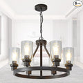 Farmhouse Chandelier Lighting Round 6 Lights Oil Rubbed Bronze with Glass Shade Ceiling Hanging Vintage Rustic Light Fixture for Dining Room Living Room Foyer Porch Kitchen Island