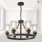 Farmhouse Chandelier Lighting Round 6 Lights Oil Rubbed Bronze with Glass Shade Ceiling Hanging Vintage Rustic Light Fixture for Dining Room Living Room Foyer Porch Kitchen Island