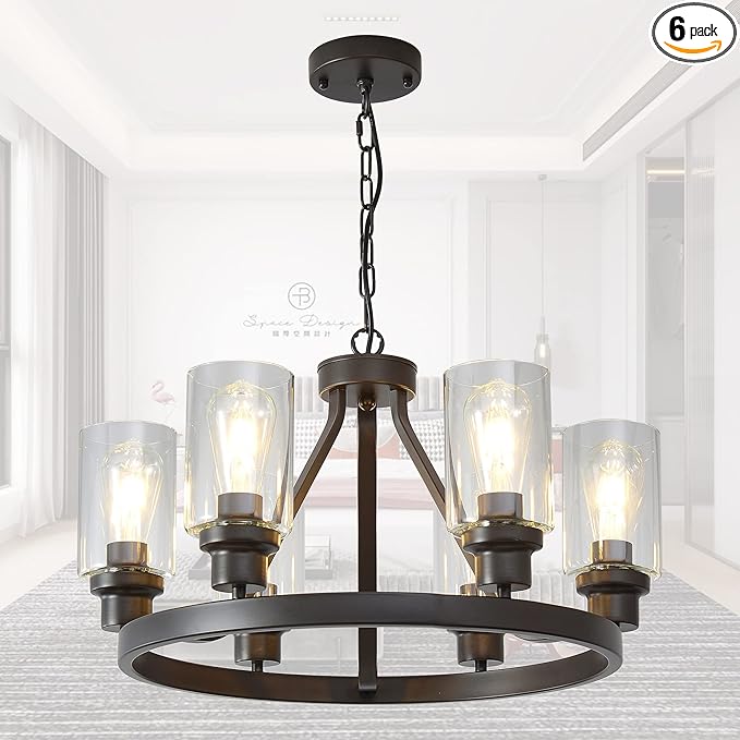 Farmhouse Chandelier Lighting Round 6 Lights Oil Rubbed Bronze with Glass Shade Ceiling Hanging Vintage Rustic Light Fixture for Dining Room Living Room Foyer Porch Kitchen Island