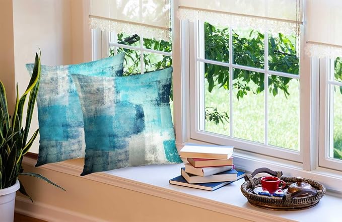 CAPSCEOLL Turquoise and Grey Art Artwork Throw Pillow Covers,Decorative Throw Pillow Covers 16 X 16 Inches Set of 2 Pillow Cases Decorative,Abstract Oil Painting Pillowcases for Bedroom,Living Room