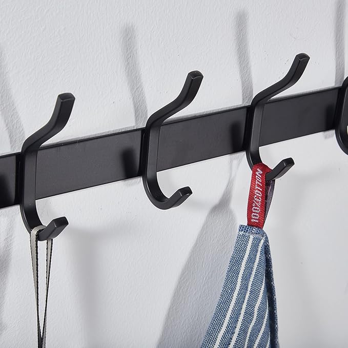 Wall Hooks Heavy Duty, 12 Inch Coat Rack Wall Mount with 4 Hooks, Black Wall Hooks for Hanging Backpack, Bag, Purse, Clothes, Hat, Coat, Towel | Entryway & Bathroom Storage Organization Hanger