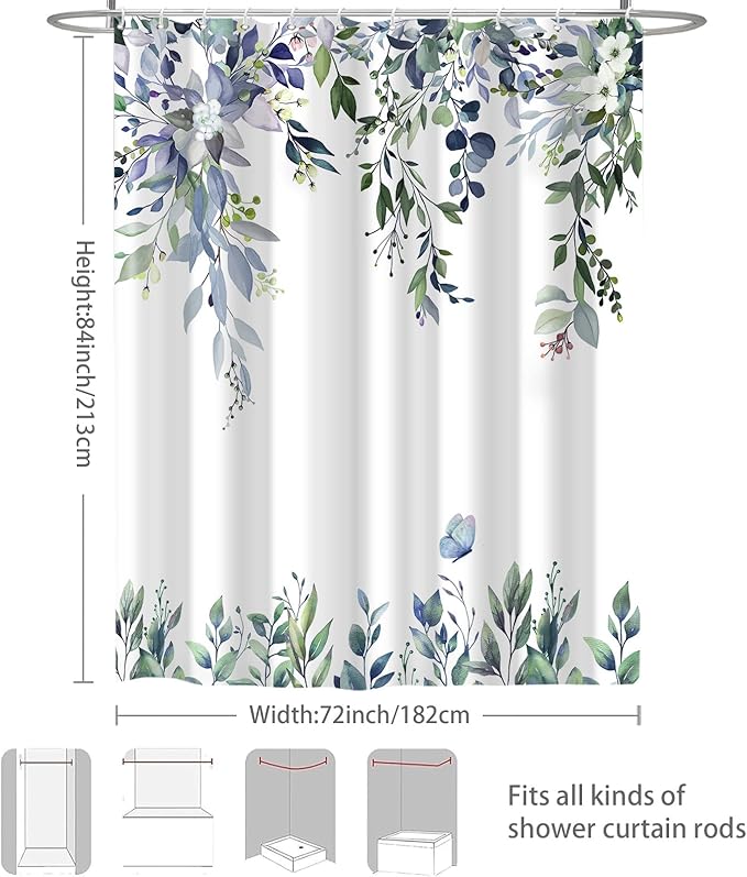 Eucalyptus Shower Curtain, Dark Green Watercolor Leaves with Floral Botanical Bathroom Decor, Waterproof Fabric Bath Curtain Set with Hooks, 72x84 Inches