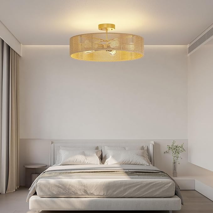 24-Inch Rattan Light Fixture, 6000LM Boho Light Fixture, Corrosion & Rust-Proof Rattan & Boho Ceiling Light for Living Room, Bedroom, Dining Room, Nursery & Entryway, E12 Bulb (Not Included)