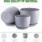 WOUSIWER Plant Pots 10/9/8 inch, Set of 3 Modern Decorative Plastic Planters with Drainage Holes and Saucers for House Plants Indoor Flowers Plants, Grey Speckles