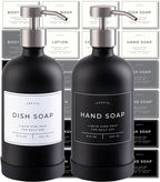 16oz Glass Soap Dispenser with Stainless Steel Pump, 21 Waterproof Labels, Non-Slip Protective Silicone Pad, Set of 2 for Bathroom & Kitchen (Matte Black Bottle/Brushed Silver Pump)