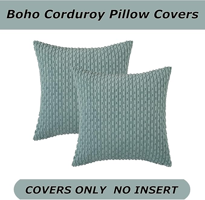 Kevin Textile Throw Pillow Covers Soft Corduroy Decorative Set of 2 Boho Striped Pillow Covers Pillowcases Farmhouse Home Decor for Couch Bed Sofa Living Room 22x22 Inch Dusty Green