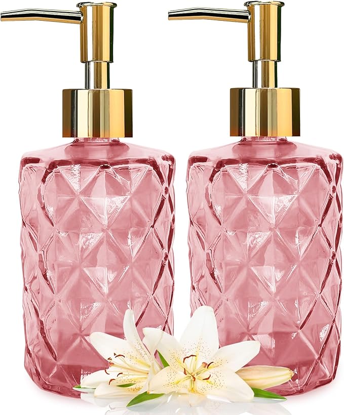 Glass Soap Dispenser with Pump, Hand Soap Dispenser for Hand Wash, Lotion Dispenser for Dishwashing Liquid, Lotion Shower Gel (Pink)