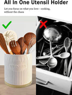 360° Rotating Utensil Holder, 7.6" Large Ceramic Kitchen Utensil Holder for Countertop with Bamboo Base, Stable Utensil Organizer, Farmhouse kitchen Decor, White