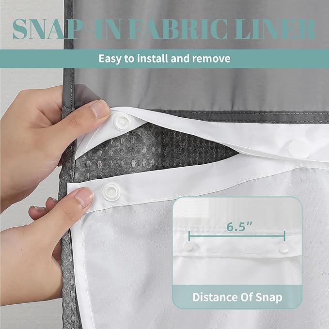 Charcoal Grey Extra Long No Hook Waffle Weave Shower Curtain with snap-in Liner Replacement, 230GSM Waterproof Fabric Hotel Shower Curtain Set for Bathroom, Through Mesh Top Window,71Wx86H