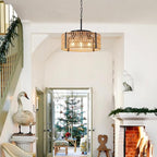 Rattan Chandelier,4-Light Chandeliers for Dining Room Hand Woven Rattan Light Fixture Farmhouse Chandelier for Kitchen Island Bedroom, Living Room, Entryway, Foyer (E26 Bulbs Not Included