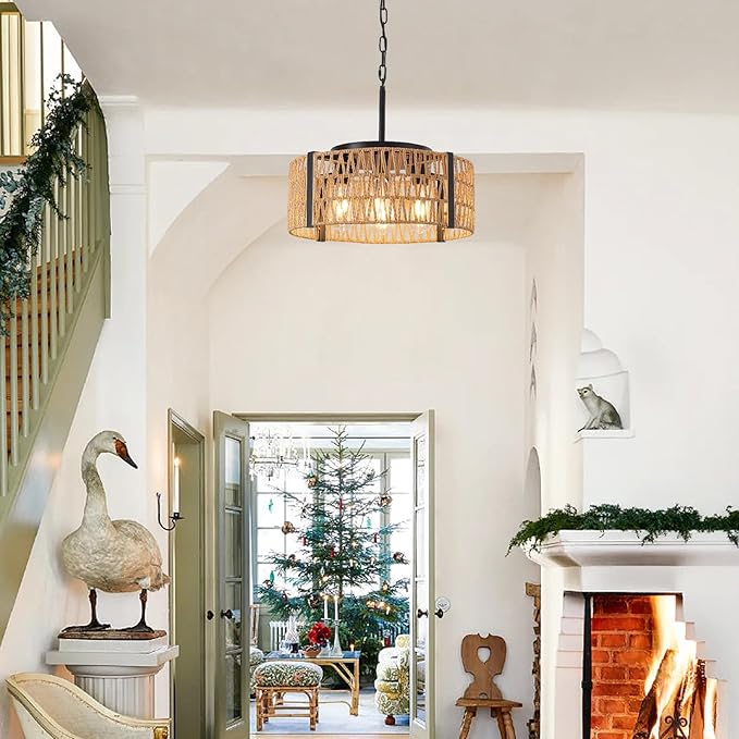 Rattan Chandelier,4-Light Chandeliers for Dining Room Hand Woven Rattan Light Fixture Farmhouse Chandelier for Kitchen Island Bedroom, Living Room, Entryway, Foyer (E26 Bulbs Not Included