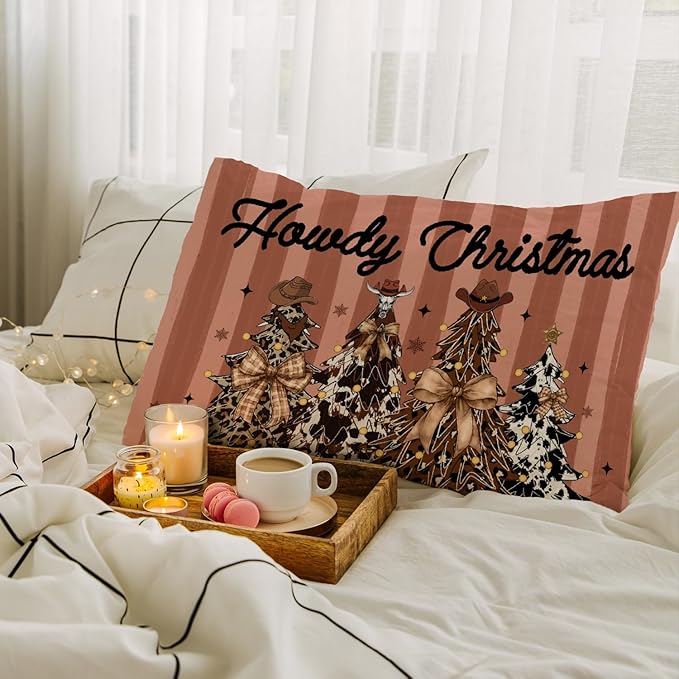 JINYO Howdy Western Christmas Tree Pillow Covers 12x20, Western Christmas Decor, Coquette Leopard Cow Print Xmas Tree Cowgirl Lumbar Pillow Covers for Girls Room Dorm Apartment
