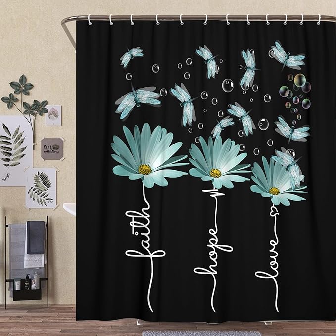 Rusitc Farmhouse Floral Balck White Teal Shower Curtain, Farm Country Daisy Flower Dragonfly and Faith Hope Love Inspirational Words Shower Curtain Set, Turquoise Yellow Bathroom Accessories, 70X70IN