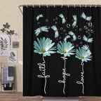 Rusitc Farmhouse Floral Balck White Teal Shower Curtain, Farm Country Daisy Flower Dragonfly and Faith Hope Love Inspirational Words Shower Curtain Set, Turquoise Yellow Bathroom Accessories, 60X70IN