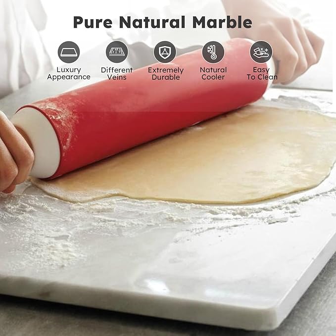 Diflart Natural Marble Pastry Board for Kitchen, 16x20 Inch, White, Stone Cutting Board Large for Dough Chocolate, Carrara Bianco, Marble Slab Christmas Thanksgiving Gift