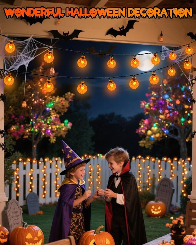 LORRYTE 2-Pack 100 LED Orange Solar Halloween Lights Outdoor - 64FT Waterproof Solar Globe String Lights with 8 Lighting Modes, Solar Outdoor Halloween Decorations for Tree Garden Patio Party