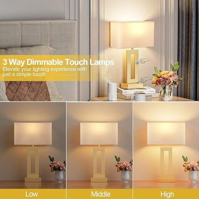 Bedroom Table Lamps Set of 2 - Touch Bedside Lamps with USB C+A, 3 Way Dimmable Gold Lamp for Nightstand, Modern Night Stands Lamps for Living Room End Tables Desk Bed Side Study Room(16.4n)