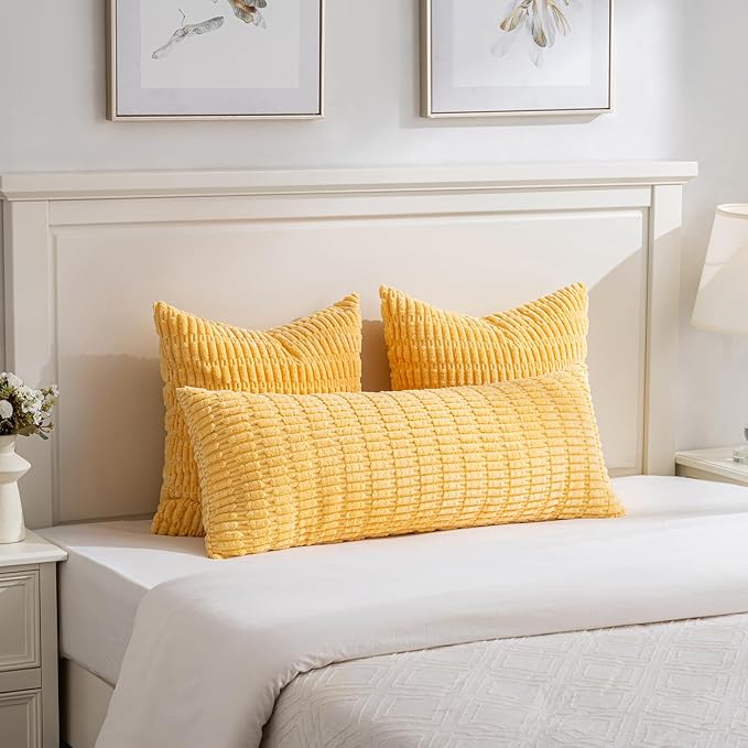 Fancy Homi 1 Pack Yellow Spring Long Lumbar Body Decorative Throw Pillow Covers 20x54 Inch for Bed Couch Bedroom Bench, Soft Corduroy Rectangle Solid Pillow Case 50x137 cm, Rustic Farmhouse Boho Decor