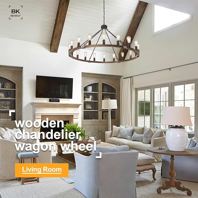 Farmhouse Wagon Wheel Chandelier 47" Black Rustic Light Fixtures 18-Light Wood Round Chandelier for Foyer Living Room Entryway Dining Room