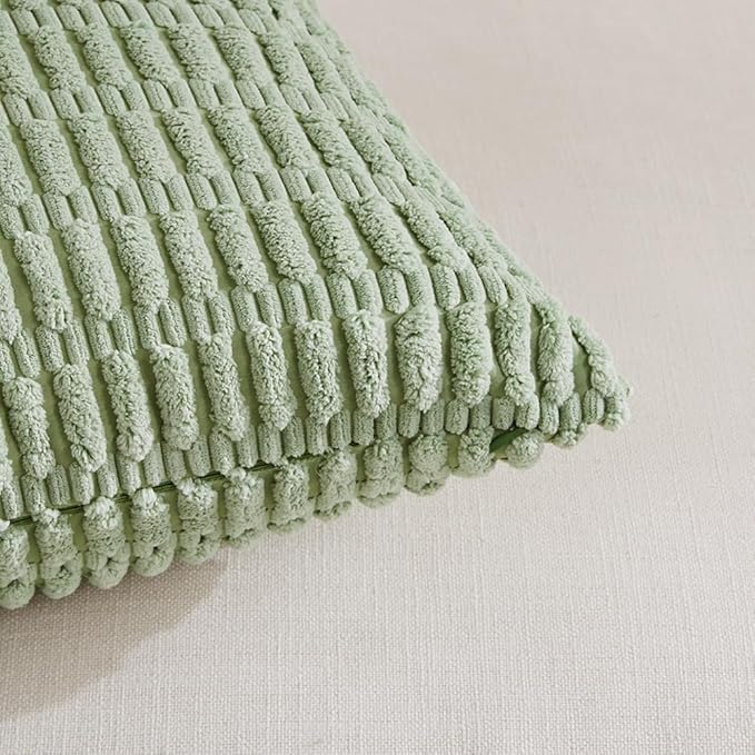 Fancy Homi Sage Green Decorative Throw Pillow Covers 18x18 Inch for Living Room Couch Bed Sofa, Soft Striped Corduroy Square Cushion Case 45x45 cm, Rustic Farmhouse Boho Home Decor