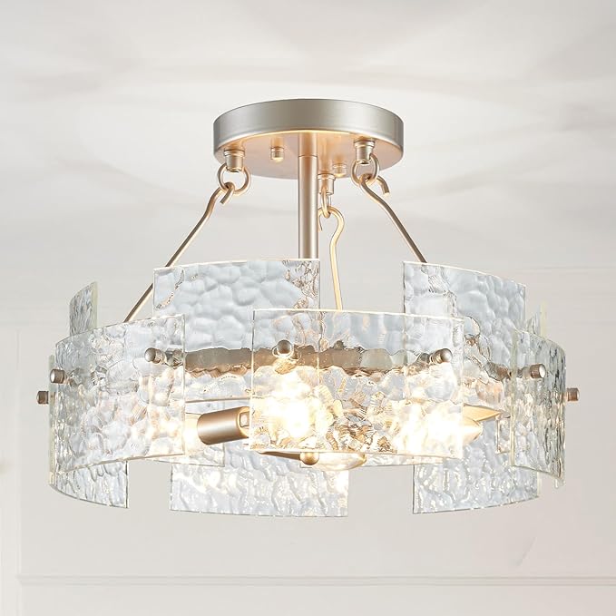 XINGQI Drum Ceiling Lights for Dining Room 4-Light Modern Farmhouse Water Ripple Glass Sliver Ceiling Lighting Fixture 15.7" Bedroom Living Room Hallway Entryway