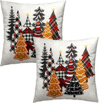 Christmas Trees Pillow Covers 20x20 Inch, Gingerbread Black Red Plaid Xmas Tree Decorative Pillowcases Double Sides Printed Square Cushion Cover for Couch Sofa Home Decor Set of 2