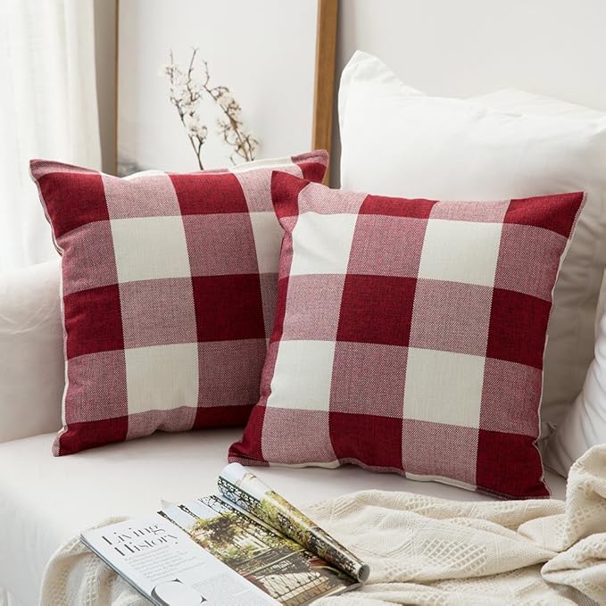 MIULEE Pack of 2 Christmas Classic Farmhouse Buffalo Check Plaids Polyester Linen Soft Solid White and Red Decorative Porch Throw Pillow Covers Home Decor Cushion Case for Sofa Bedroom 22 x 22 Inch