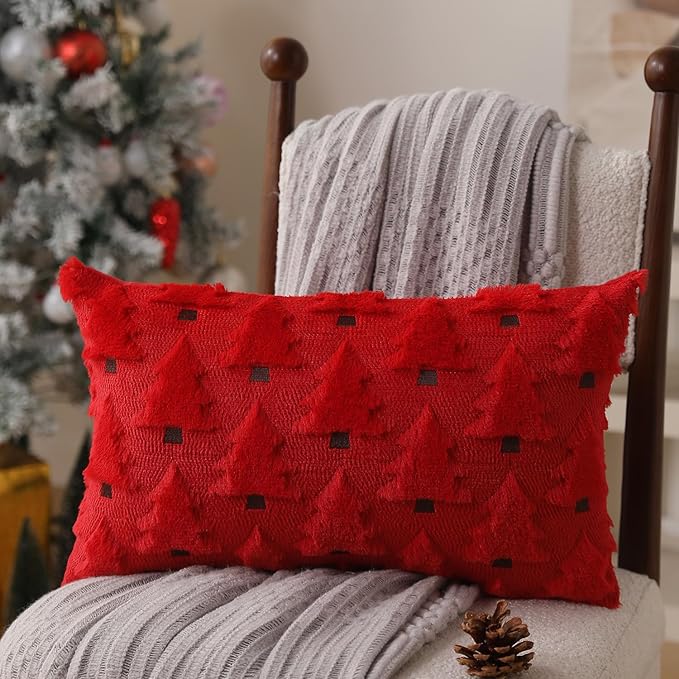 Christmas Pillow Covers 12x20 inch Set of 2 Christmas Decorations Soft Plush Faux Fur Wool Red Xmas Tree Throw Pillow Cases Winter Holiday Decor for Sofa Living Room PT002B12