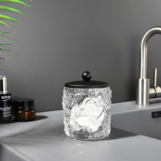 Home Glass Cotton Jar Holder Matte Black Lid, Elegant Bathroom Storage Canister for Qtips, Cotton Balls, Floss, Makeup Organizer, Vanity Bathroom Organization (UPDATED BLACK)