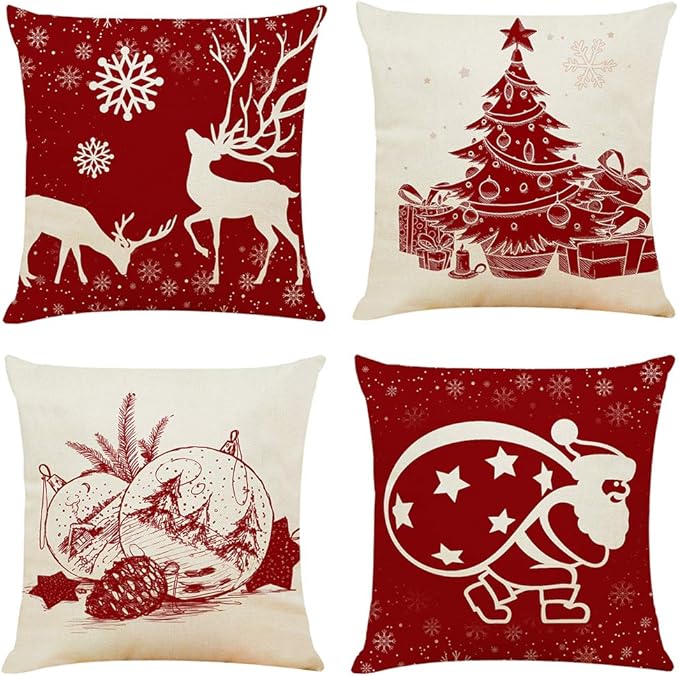 Ogrmar 4PCS 18"x18" Throw Pillow Covers Christmas Decorative Couch Pillow Cases Cotton Linen Square Cushion Cover for Sofa, Couch, Bed (Red and Beige)