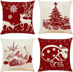 Ogrmar 4PCS 18"x18" Throw Pillow Covers Christmas Decorative Couch Pillow Cases Cotton Linen Square Cushion Cover for Sofa, Couch, Bed (Red and Beige)