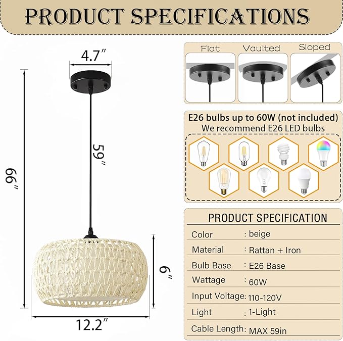 Boho Rattan Chandelier Light Fixture, 1-Lights Farmhouse Pendant Light Hand Woven Chandeliers for Dining Room with Fabric Shade Rustic Chandeliers Hanging Light Fixtures for Kitchen Island