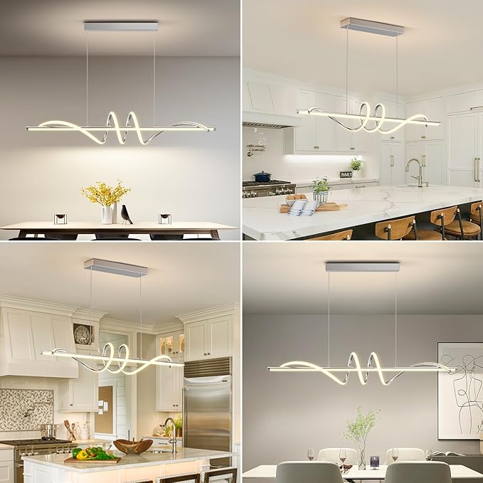Modern Pendant Light Kitchen Island 47in Dimmable Hanging Lamp 3000k-6000K Adjustable Warm/Nautral/White with Remote Control, Kitchen Island Lighting Chrome Silver