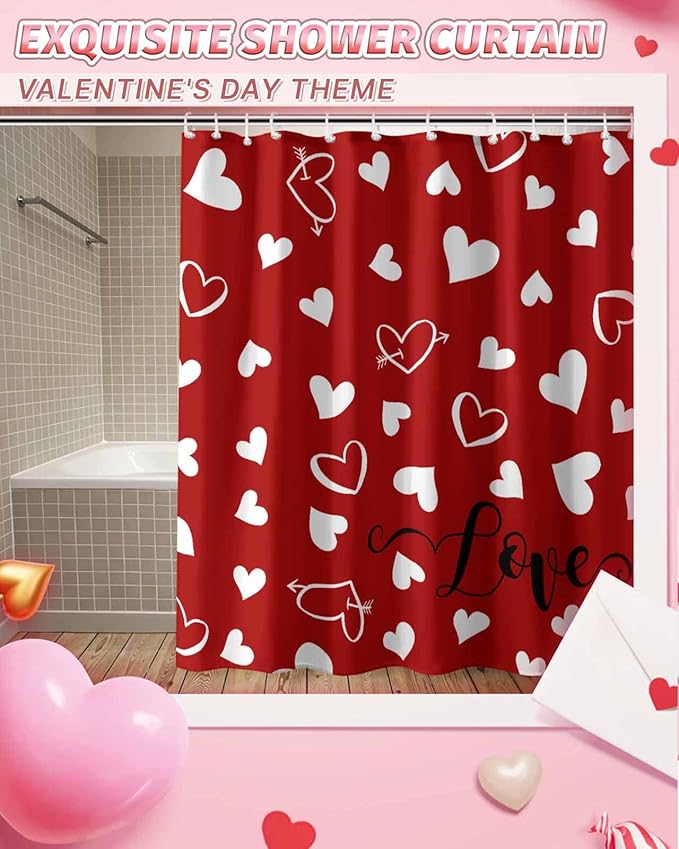Vandarllin Red Shower Curtain, Love Heart Shower Curtains Set with Hooks, Waterproof Fabric Bathroom Curtains Decor Home Accessories, Stall Long 36 X 78 Inch