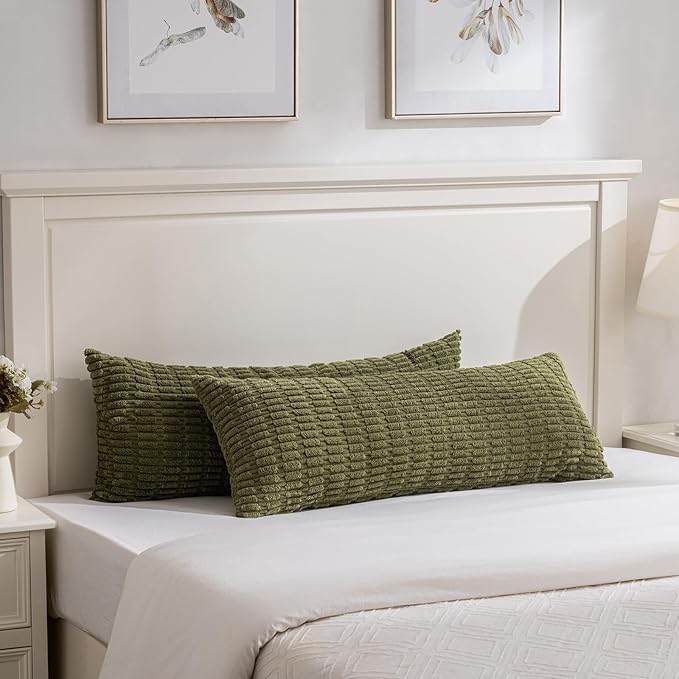 Fancy Homi 1 Pack Moss Green Long Lumbar Body Decorative Throw Pillow Covers 20x54 Inch for Bed Couch Bedroom Bench, Soft Corduroy Rectangle Solid Pillow Case 50x137 cm, Rustic Farmhouse Boho Decor