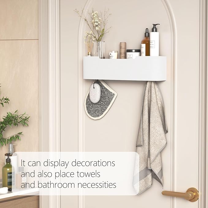 Coat Rack Wall Mount with Hidden Hooks Entryway Hanging Shelf Modern Wood Coat Hanger for Bedroom Kitchen Hallway Bathroom (White,16.6 Inch Long)