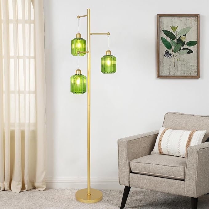 Glass Floor Lamp for Living Room,3-Light Gold Boho Flower Floor Lamp for Bedroom,Farmhouse Standing Lamp Tree Floor Lamps Vintage Retro Brass Tall Lamps for Bedroom,Office,Corner(LED Bulbs Included)