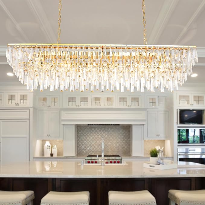 Rectangle Chandeliers for Dining Room, 47" Gold Modern Top K9 Rectangle Crystal Chandelier 14 Lights Rectangular Adjustable Pendant Ceiling Light Fixture for Dining Room Kitchen Island