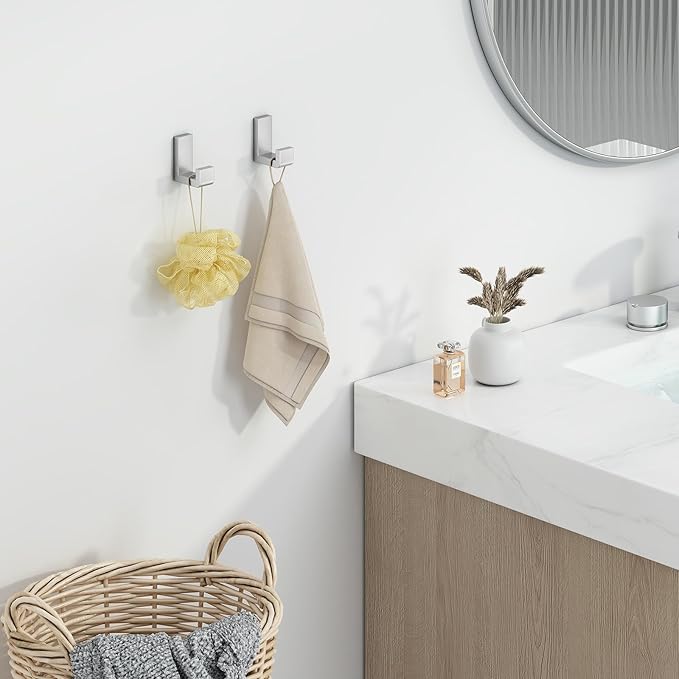 Angle Simple Bathroom Towel Hooks, SUS 304 Stainless Steel Compact Robe Coat Hooks for Wall, Brushed Nickel, 2 Pack