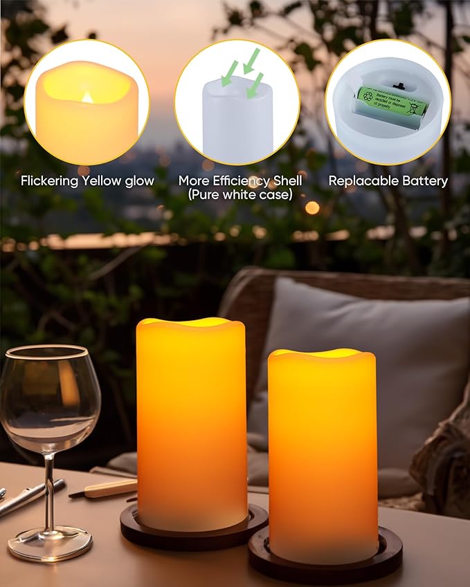 Homemory Solar Candles Outdoor Waterproof, Rechargeable Candles, Solar Powered Flameless Candles for Outdoor, Lanterns, Sensor Only, Dusk to Dawn, 3"x6", Set of 4