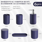 6-Piece Bathroom Accessory Set Resin, Navy Blue Bath Accessories Complete with Toothbrush Holder, Lotion Soap Dispenser, 2 Qtip Holders,Vanity Tray,Bathroom Tumbler - Countertop Vanity Organizer