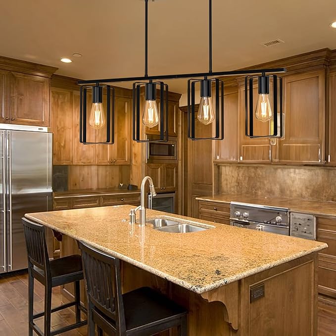 4-Lights Farmhouse Kitchen Light Fixtures Over Island, Adjustable Height Dining Room Chandelier Over Table with Flexible Shade, Hanging Pendent Lighting Over Bar, Black